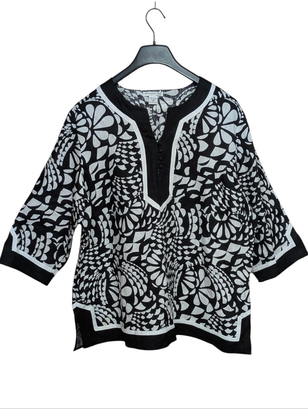 Shanghai Red Woman 100% Linen Black and White Tunic Top Size 2X